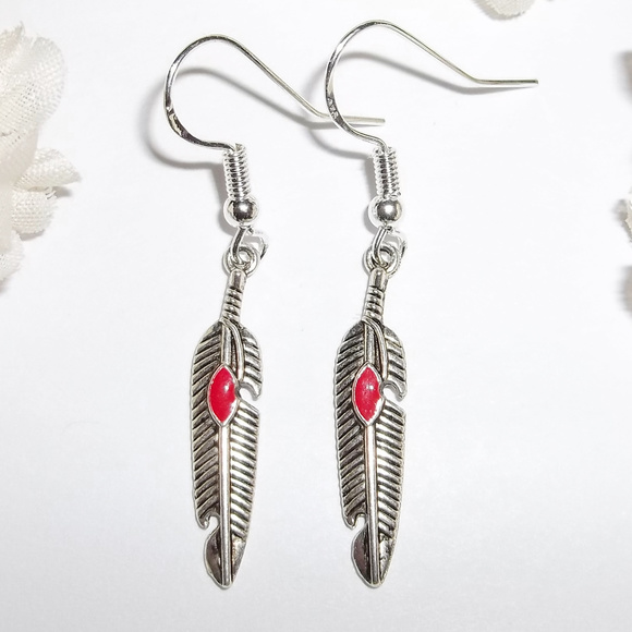 wvluckygirl Jewelry - Silver & Red Earrings Southwestern Feather 4308